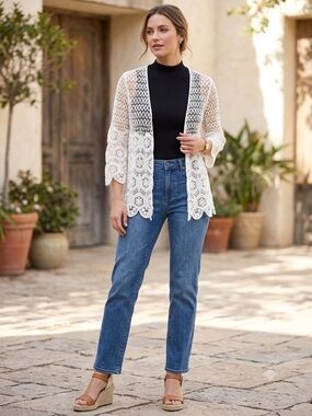 Women's White Crochet Open-Front Cardigan Sweater